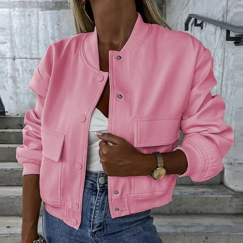 Women’s Relaxed Fit Bomber Jacket – Cropped Snap-Front Layer for Autumn and Winter Casual Wear