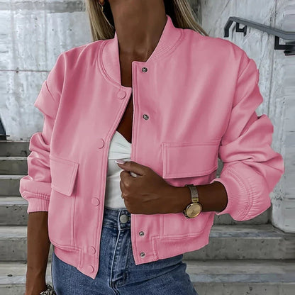 Women’s Relaxed Fit Bomber Jacket – Cropped Snap-Front Layer for Autumn and Winter Casual Wear