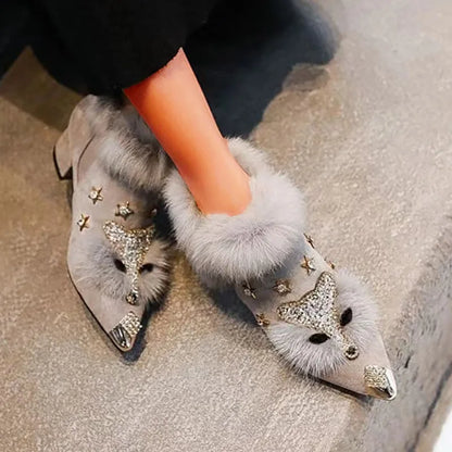 Women’s Faux-Fur Rhinestone Ankle Boots – Pointed-Toe Block-Heel Winter Boots for Evening Wear