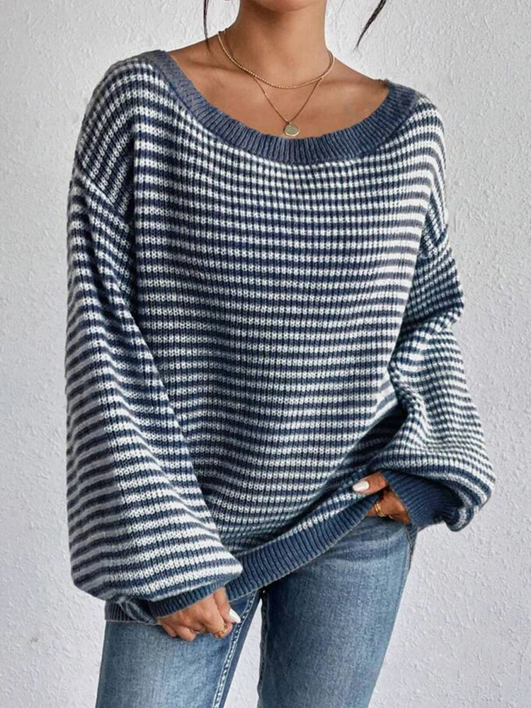 Women’s Oversized Jumper – Striped Knit with Bardot Neckline
