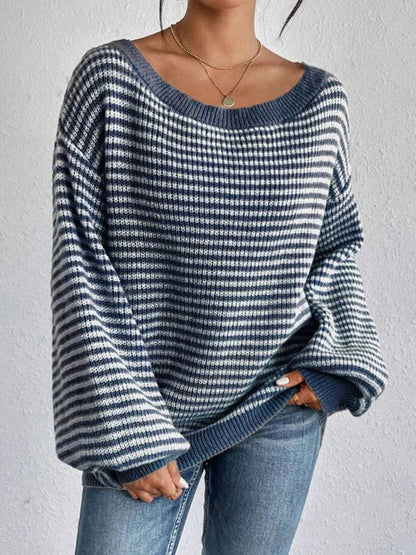 Women’s Oversized Jumper – Striped Knit with Bardot Neckline