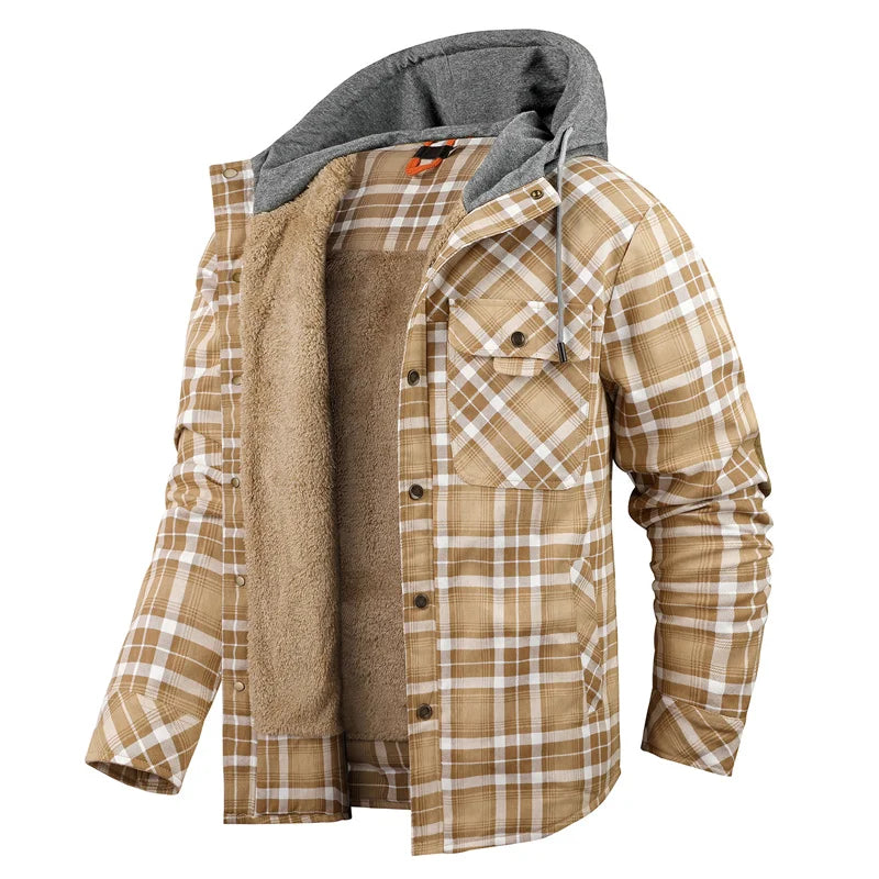 Men’s Hooded Fleece-Lined Plaid Shirt Jacket – Warm Button-Up Winter Overshirt