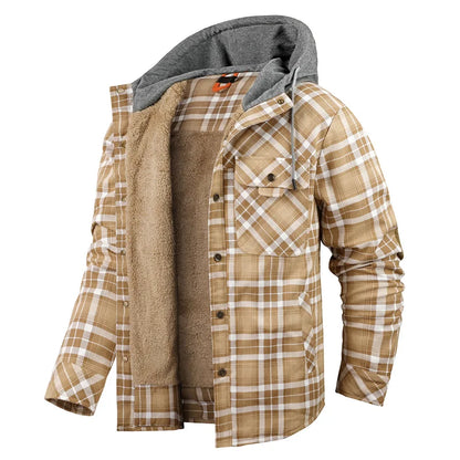 Men’s Hooded Fleece-Lined Plaid Shirt Jacket – Warm Button-Up Winter Overshirt