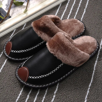 Women’s Plush-Lined Leather Winter Slippers – Warm Closed-Toe Slip-On Indoor House Shoes for Everyday Comfort