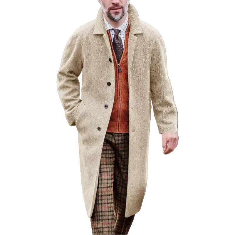 Men’s Herringbone Wool-Blend Overcoat – Smart Tailored Long Coat for Winter Business Casual and Formal Wear