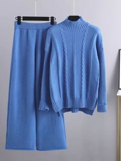 Women’s Ribbed Turtleneck Knit Set – Relaxed Long-Sleeve Jumper and Wide-Leg Trousers for Cold-Weather Wear