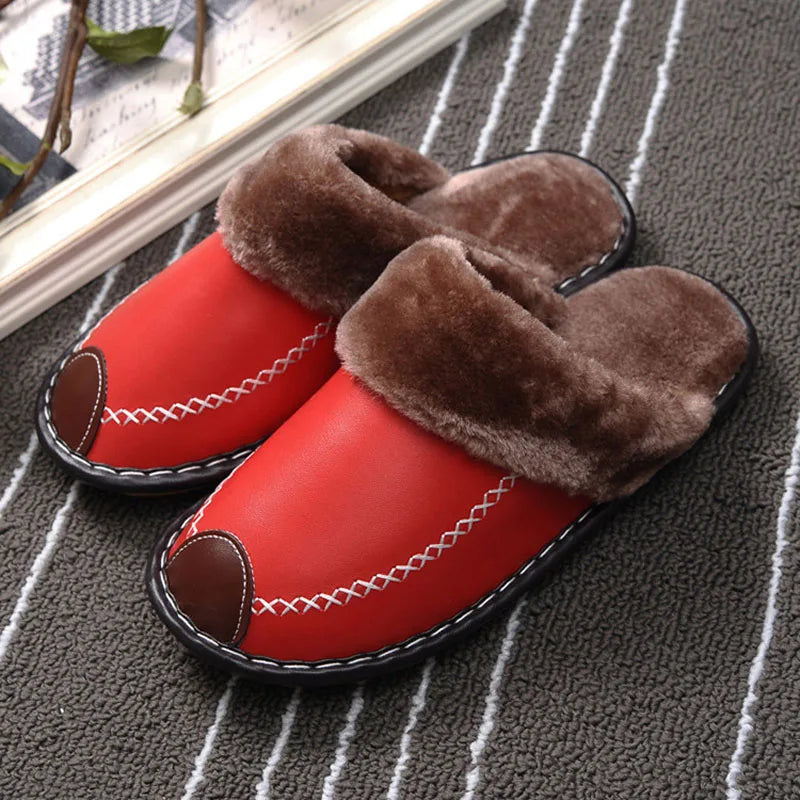 Women’s Plush-Lined Leather Winter Slippers – Warm Closed-Toe Slip-On Indoor House Shoes for Everyday Comfort