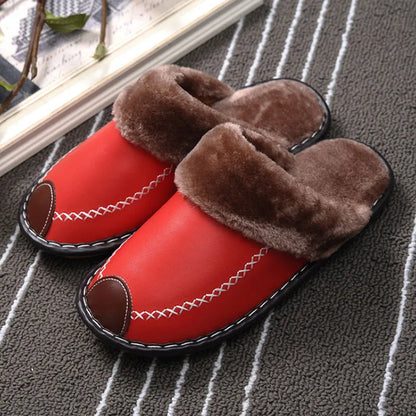 Women’s Plush-Lined Leather Winter Slippers – Warm Closed-Toe Slip-On Indoor House Shoes for Everyday Comfort