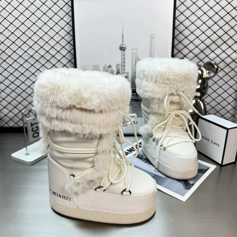 Women’s Water-Repellent Plush-Trim Snow Boots – Lace-Up Chunky-Sole Winter Boots