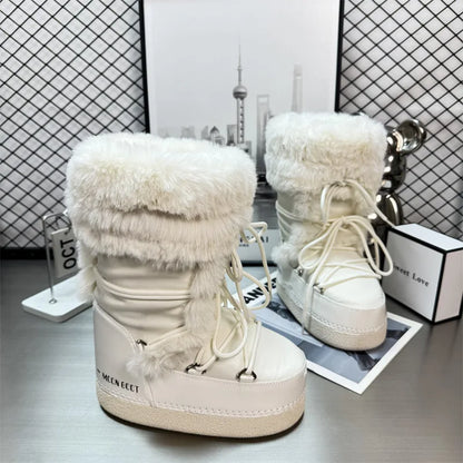 Women’s Water-Repellent Plush-Trim Snow Boots – Lace-Up Chunky-Sole Winter Boots