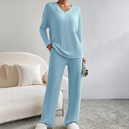 Women’s Ribbed Knit Trouser Co-Ord Set – Relaxed V-Neck Sweater with Wide-Leg Trousers for Autumn and Winter Wear