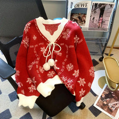 Women’s V-Neck Christmas Sweater – Pom-Pom Tie Knit for Festive Winter Styling