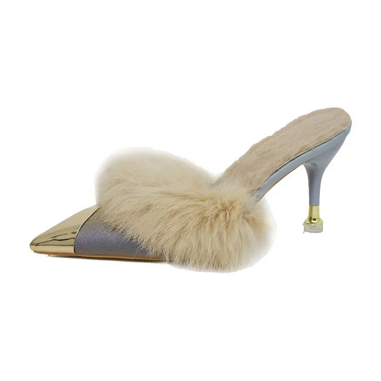 Women’s Faux-Fur Heeled Mules – Pointed-Toe Slip-On Shoes with Sculpted Kitten Heels