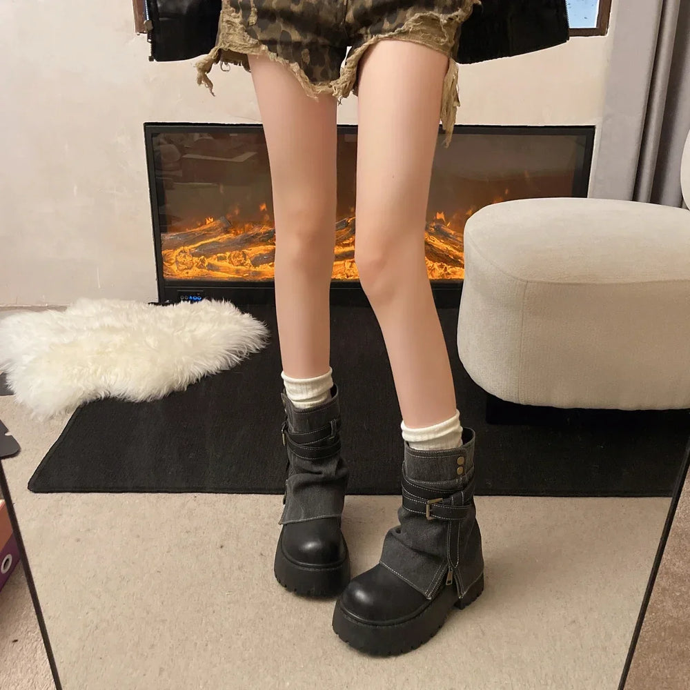Women’s Leather-Look Buckle-Strap Platform Ankle Boots – Side-Zip Chunky-Sole Winter Combat Boots