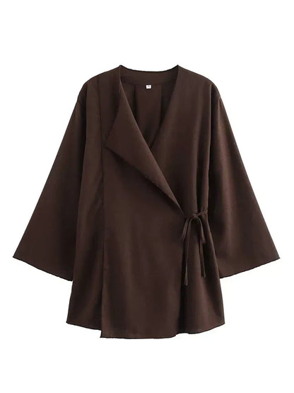 Women’s Linen Co-Ord Set – Kimono-Style Wrap Top with Wide-Leg Trousers for Effortless Spring Summer Wear