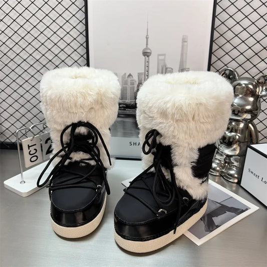 Women’s Water-Repellent Plush-Trim Snow Boots – Lace-Up Chunky-Sole Winter Boots