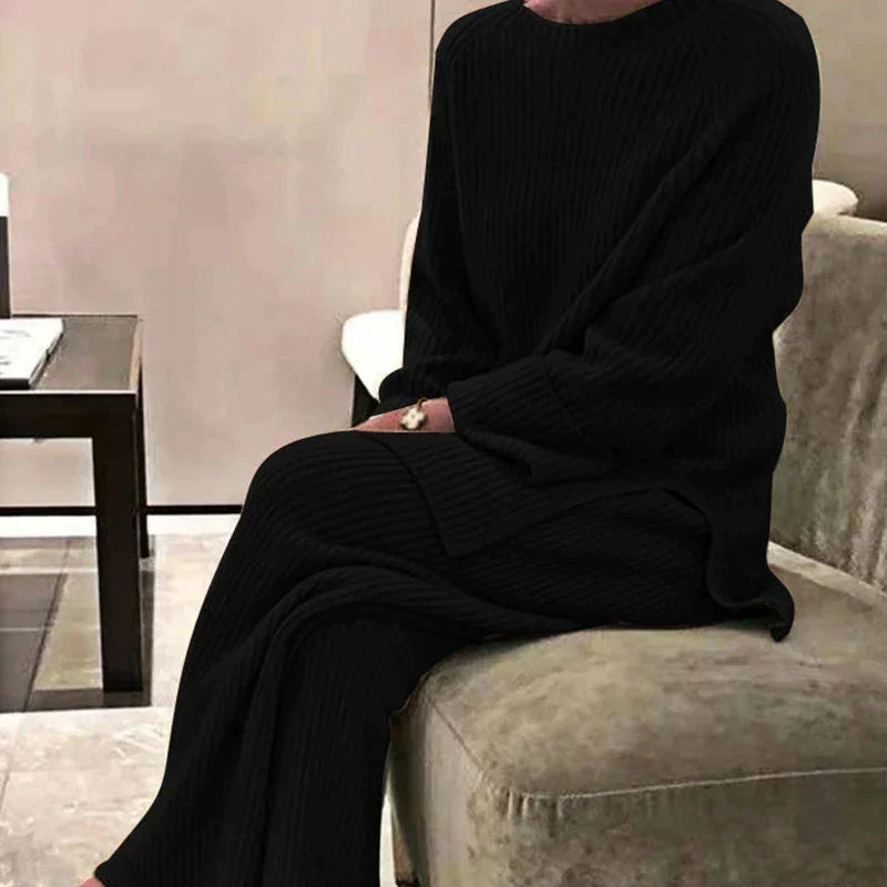 Women’s Ribbed Sweater and Wide-Leg Trouser Set – Cosy Two-Piece Winter Outfit