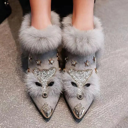 Women’s Faux-Fur Rhinestone Ankle Boots – Pointed-Toe Block-Heel Winter Boots for Evening Wear