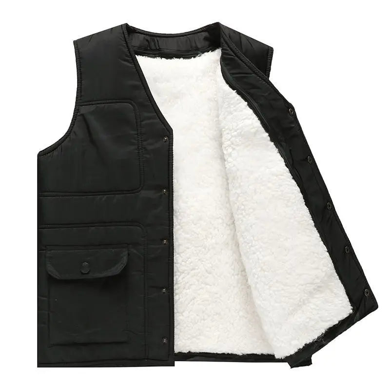 Men’s Fur-Lined Winter Bodywarmer – Warm V-Neck Sleeveless Vest with Zip and Button Closure for Cold-Weather Layering