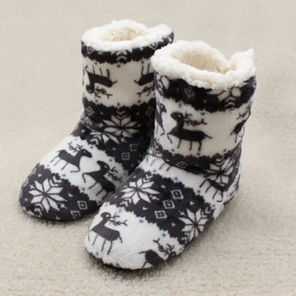 Women’s Festive Slipper Boots – Plush Winter House Shoes with Fold-Over Cuffs