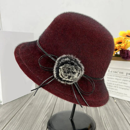 Women’s Wool-Blend Cloche Winter Hat – Vintage Dome Brim Cap with Floral Bow Detail