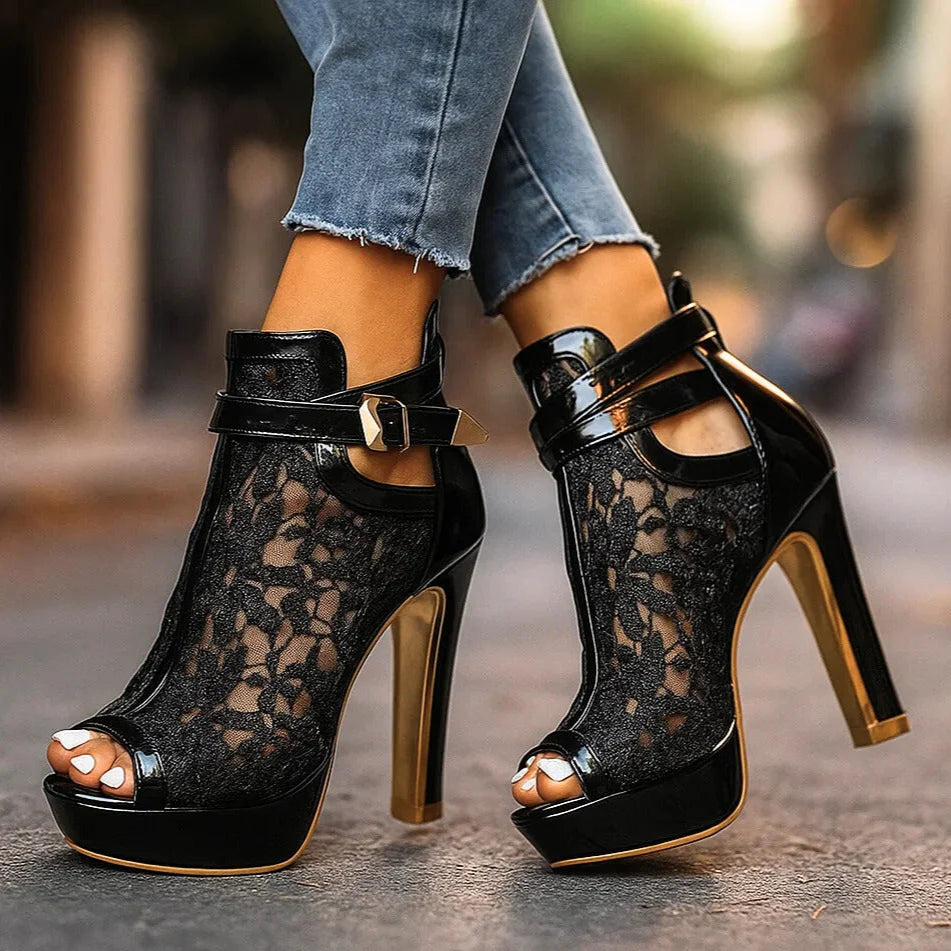 Women’s Peep-Toe Platform Ankle Boots – Buckled High Block Heels for Evening Wear