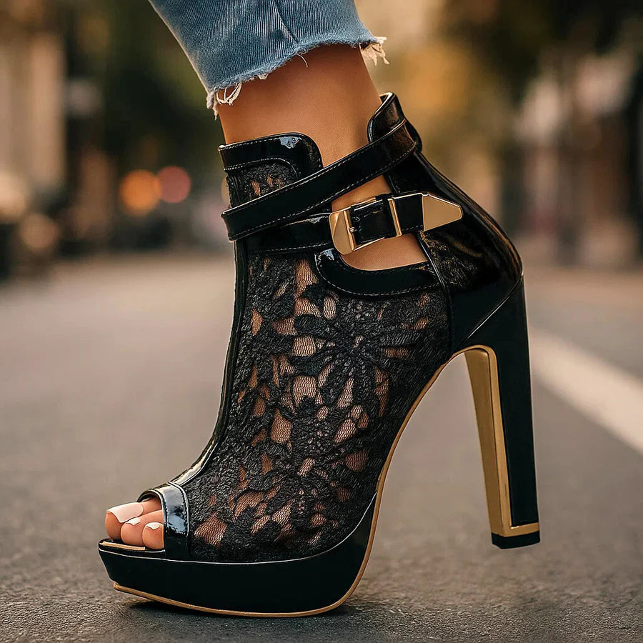 Women’s Peep-Toe Platform Ankle Boots – Buckled High Block Heels for Evening Wear