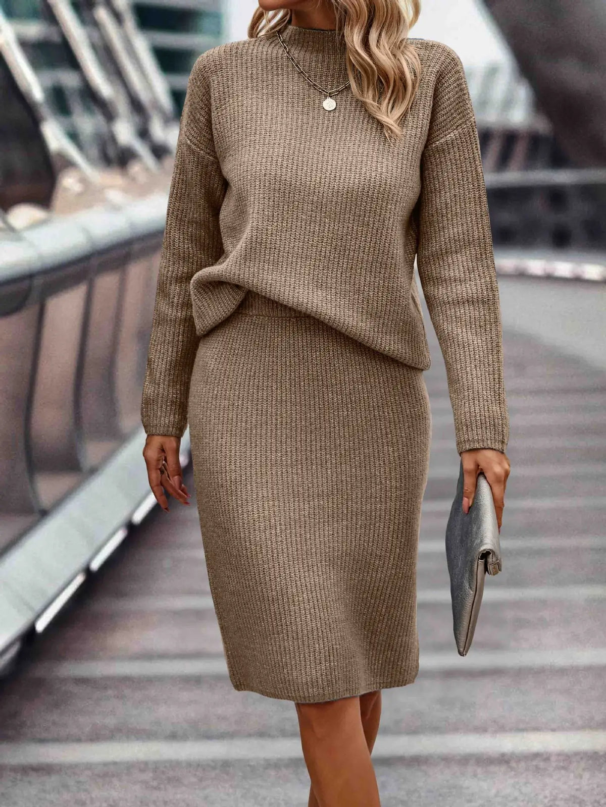Women’s Knitted Set – Stand-Collar Jumper with Midi Skirt
