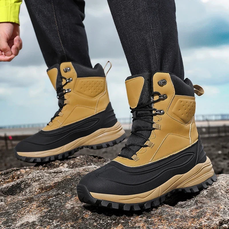 Men’s Fleece-Lined High-Top Snow Boots – Water-Resistant Lace-Up Winter Hiking Boots with Anti-Slip Lug Sole