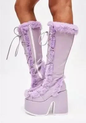Women’s Faux-Fur Platform Snow Boots – Lace-Up Knee-High Winter Boots with Side Zip