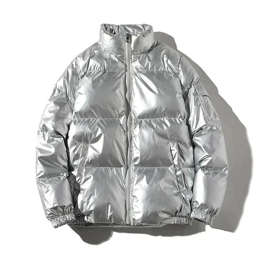 Men’s Metallic Hooded Puffer Jacket – Windproof Waterproof Winter Layer for Outdoor Cold-Weather Wear