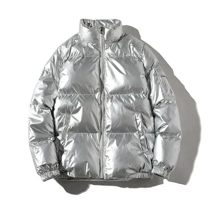 Men’s Metallic Hooded Puffer Jacket – Windproof Waterproof Winter Layer for Outdoor Cold-Weather Wear