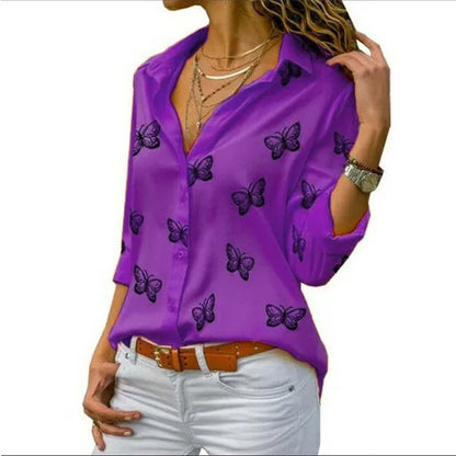Women’s Butterfly-Print Button Shirt – Relaxed Three-Quarter Sleeve Style for Everyday Wear
