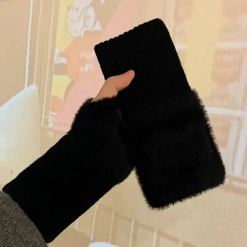 Women’s Soft Faux-Fur Fingerless Winter Gloves – Warm Wrist-Length Hand Warmers for Everyday Wear