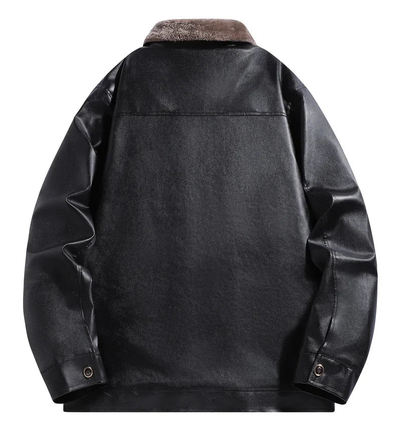 Men’s Fleece-Lined Leather Jacket – Retro Biker Outerwear with Warm Turn-Down Collar