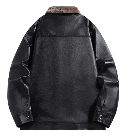 Men’s Fleece-Lined Leather Jacket – Retro Biker Outerwear with Warm Turn-Down Collar