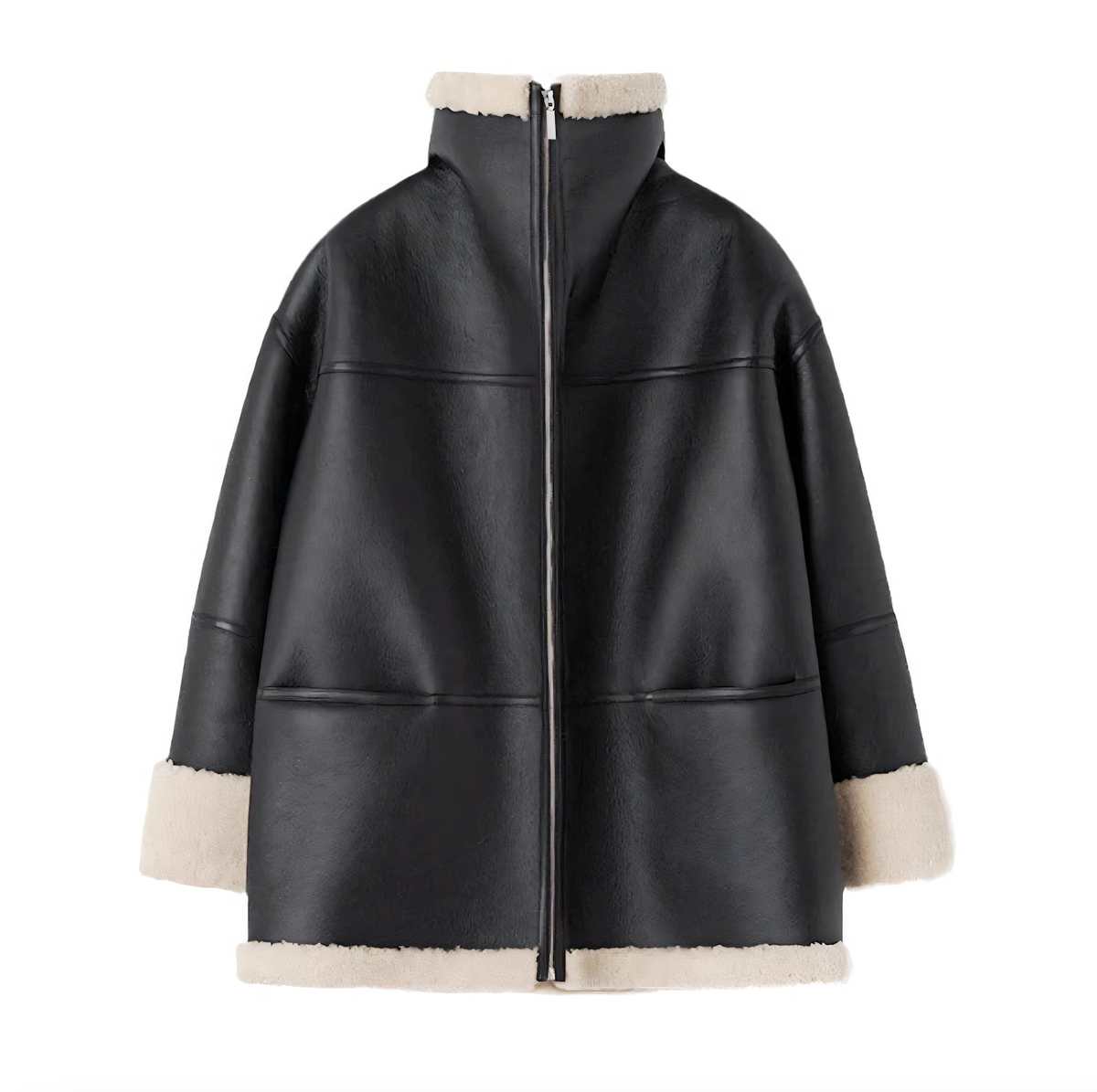 Women’s Shearling-Lined Faux-Leather Coat – Oversized Zip-Front Winter Outerwear with Plush Contrast Trim