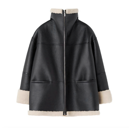 Women’s Shearling-Lined Faux-Leather Coat – Oversized Zip-Front Winter Outerwear with Plush Contrast Trim