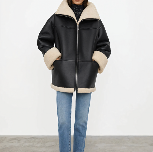 Women’s Shearling-Lined Faux-Leather Coat – Oversized Zip-Front Winter Outerwear with Plush Contrast Trim