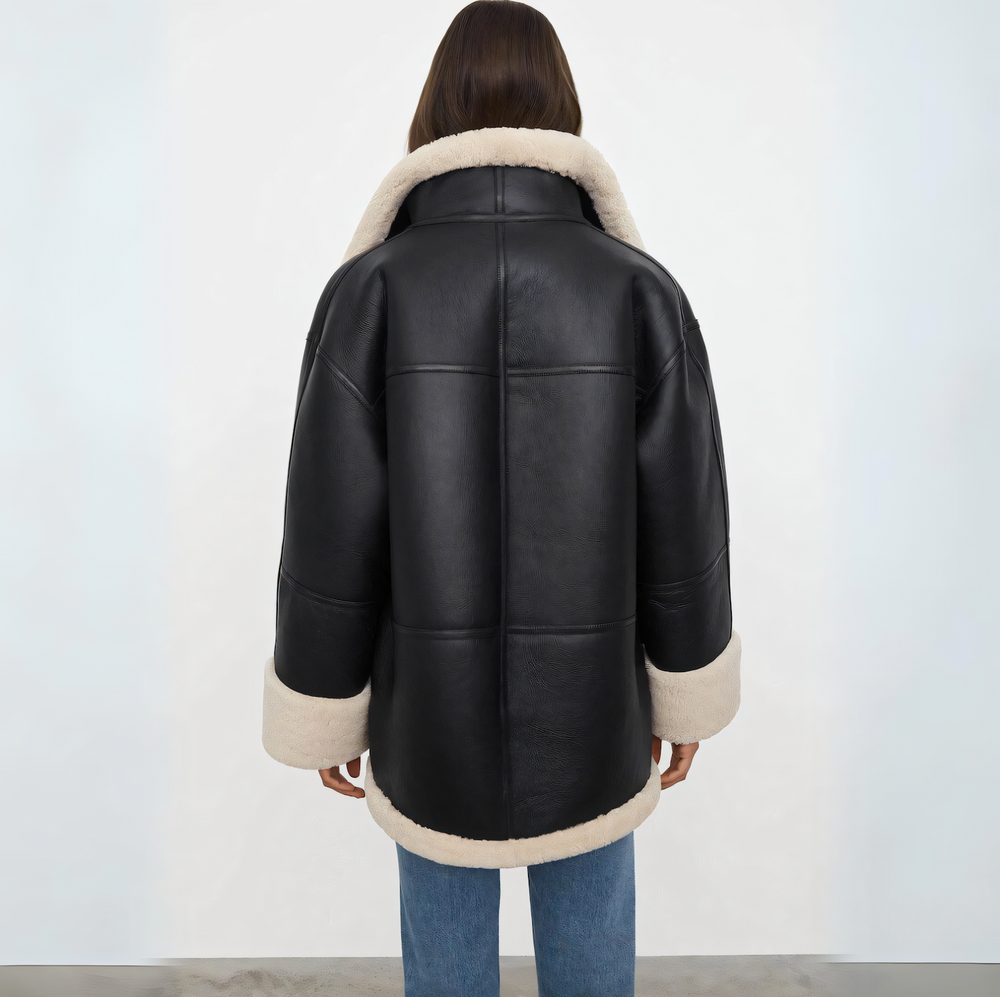 Women’s Shearling-Lined Faux-Leather Coat – Oversized Zip-Front Winter Outerwear with Plush Contrast Trim