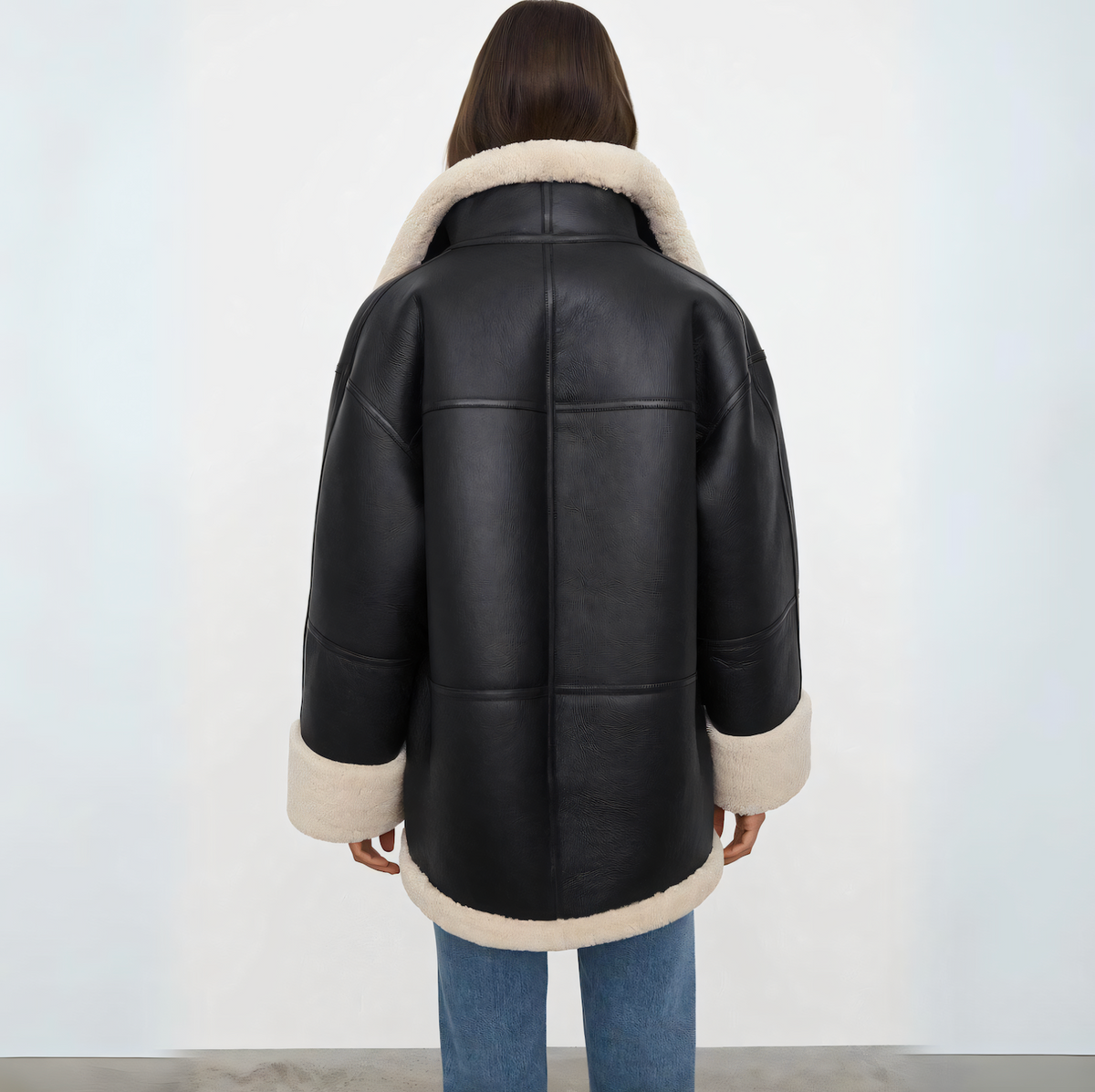 Women’s Shearling-Lined Faux-Leather Coat – Oversized Zip-Front Winter Outerwear with Plush Contrast Trim