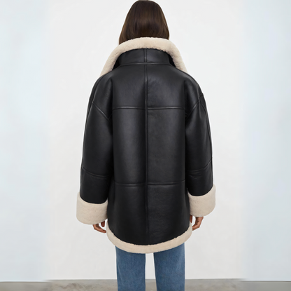 Women’s Shearling-Lined Faux-Leather Coat – Oversized Zip-Front Winter Outerwear with Plush Contrast Trim
