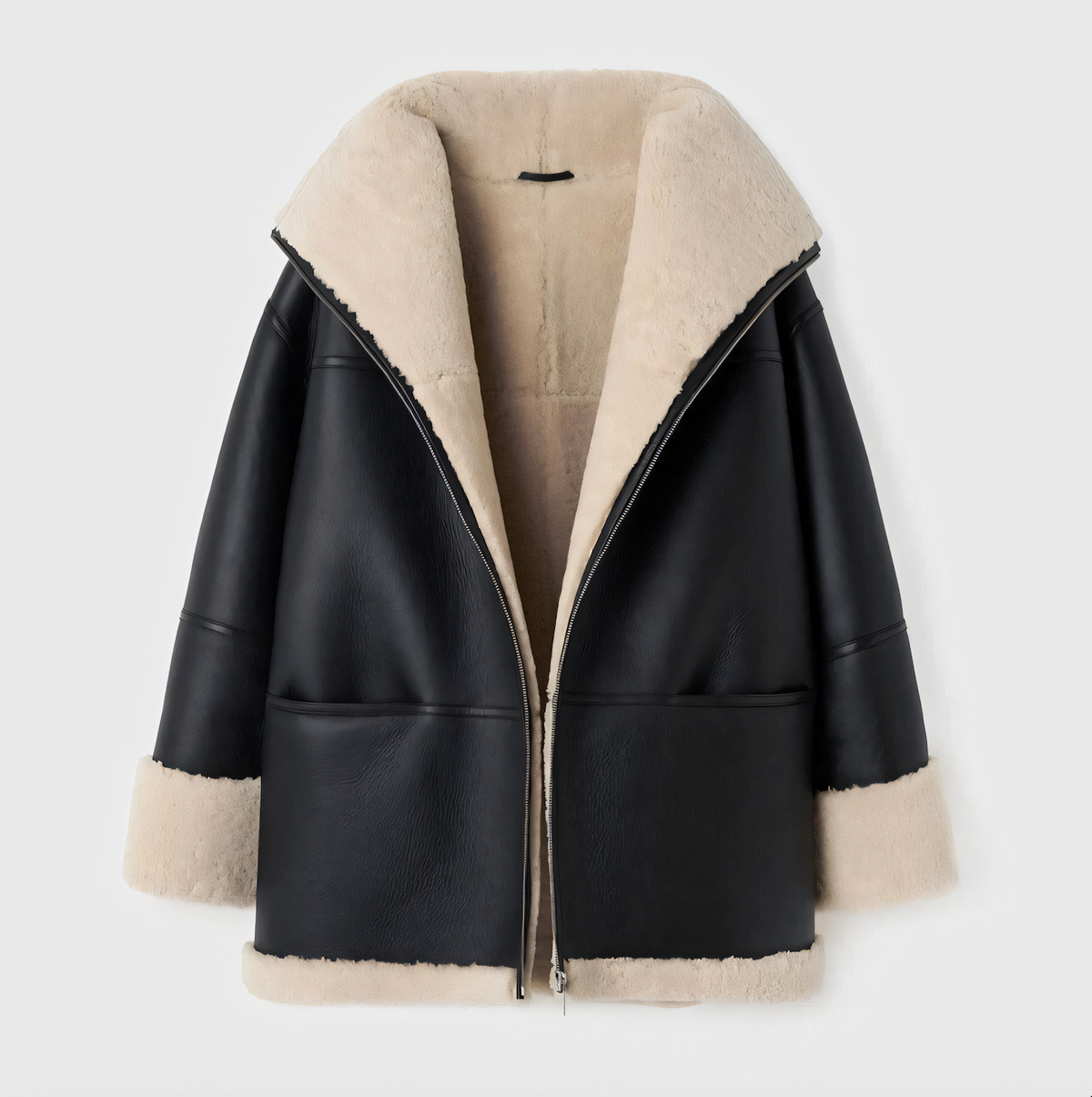 Women’s Shearling-Lined Faux-Leather Coat – Oversized Zip-Front Winter Outerwear with Plush Contrast Trim