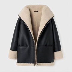 Women’s Shearling-Lined Faux-Leather Coat – Oversized Zip-Front Winter Outerwear with Plush Contrast Trim