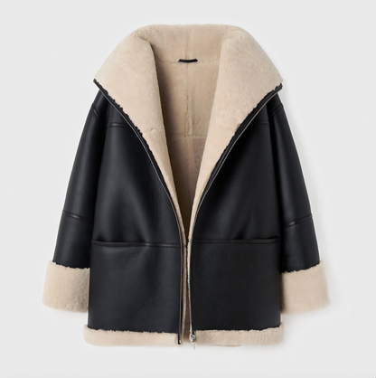 Women’s Shearling-Lined Faux-Leather Coat – Oversized Zip-Front Winter Outerwear with Plush Contrast Trim