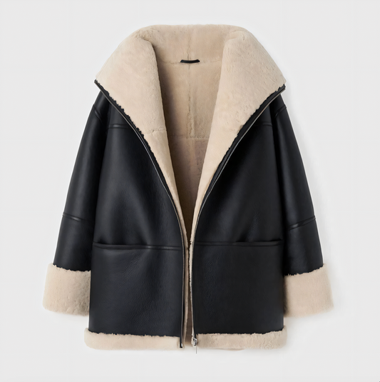 Women’s Shearling-Lined Faux-Leather Coat – Oversized Zip-Front Winter Outerwear with Plush Contrast Trim
