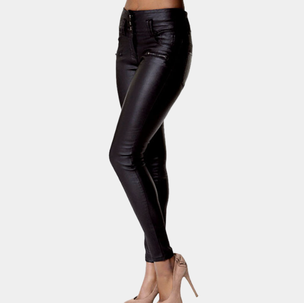 Women’s High-Waisted Leather Skinny Trousers – Stretch-Fit Pants with Sleek Coated Finish for Evening Wear