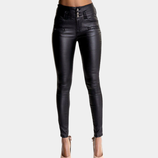 Women’s High-Waisted Leather Skinny Trousers – Stretch-Fit Pants with Sleek Coated Finish for Evening Wear