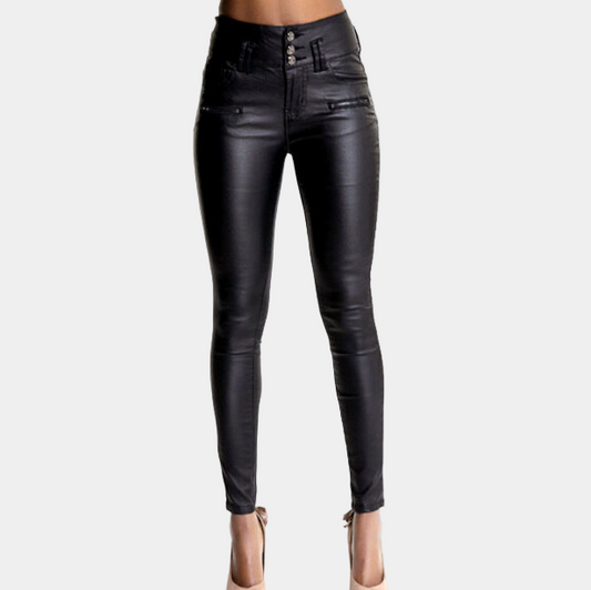 Women’s High-Waisted Leather Skinny Trousers – Stretch-Fit Pants with Sleek Coated Finish for Evening Wear