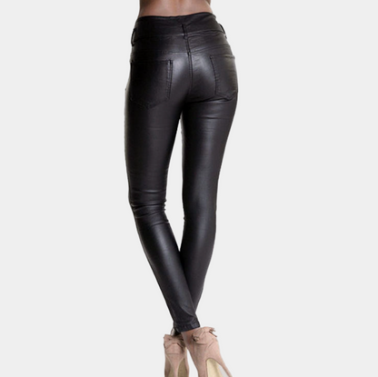Women’s High-Waisted Leather Skinny Trousers – Stretch-Fit Pants with Sleek Coated Finish for Evening Wear